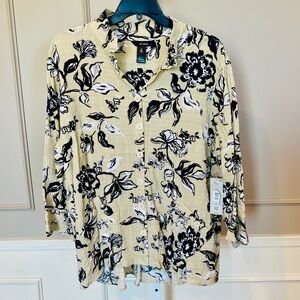 Ali Miles NWT 2X Button Down Wire Collar Floral Tunic Crinkle Tan Black $79